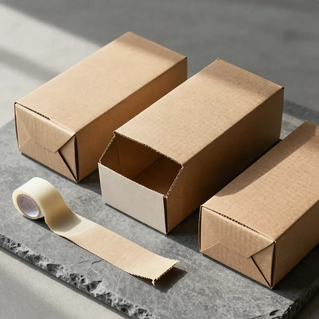 Scatole campione in cartone naturale con nastro opaco su base in legno chiaro, luce calda.