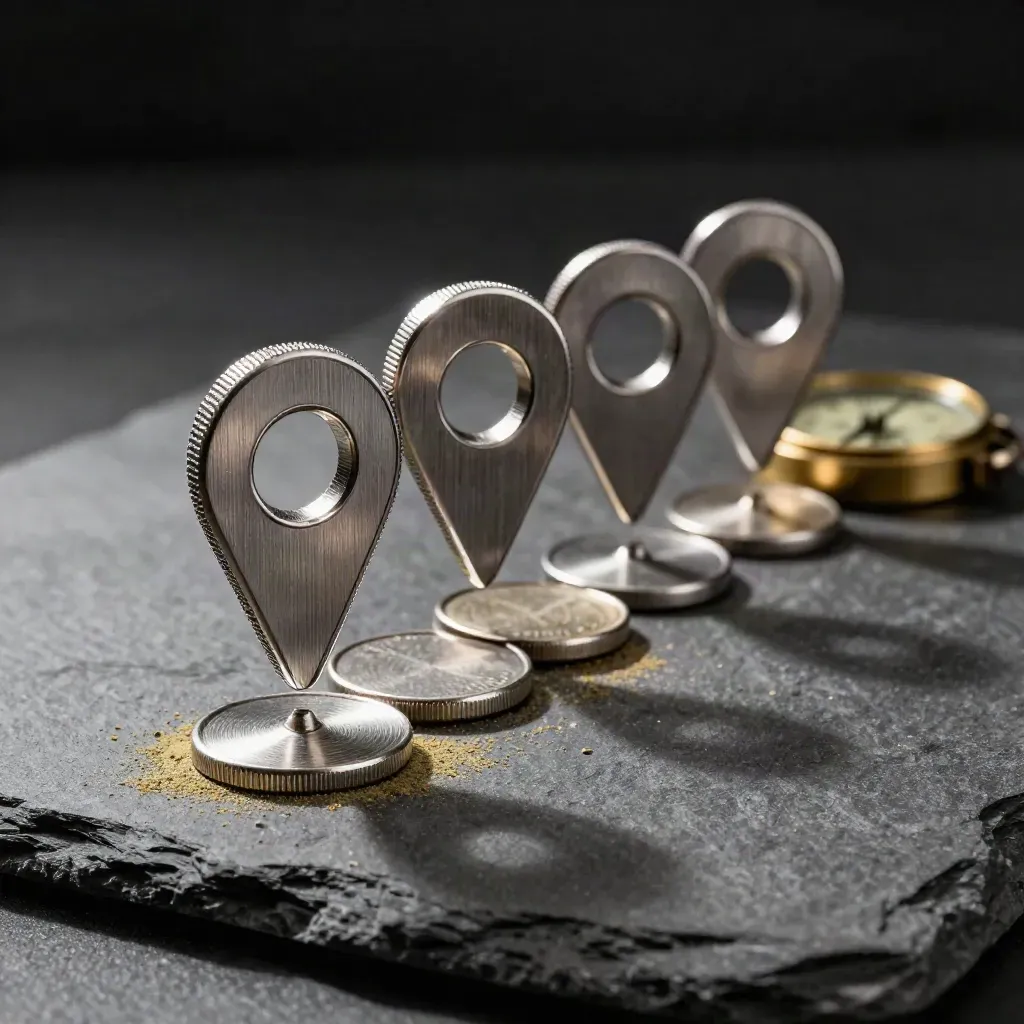 Gettoni in alluminio, pin metallici e bussola su pietra scura con luce radente.