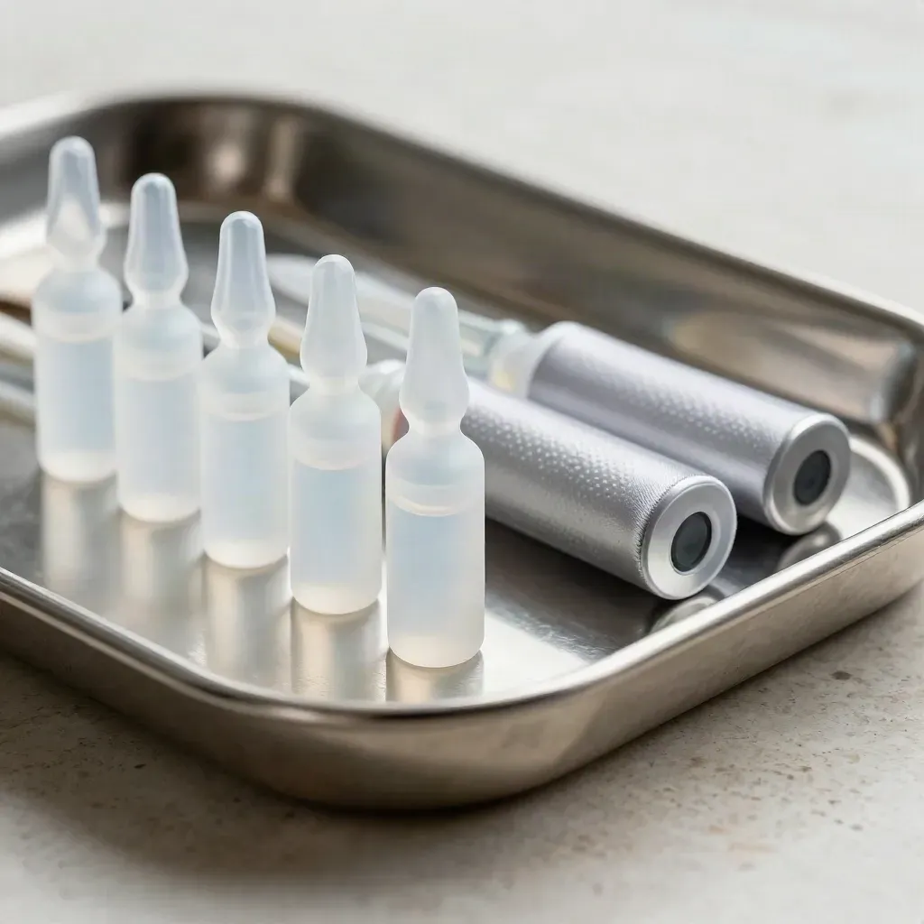 Vassoio sterile con fiale opaline e contenitori satinati su pietra travertino