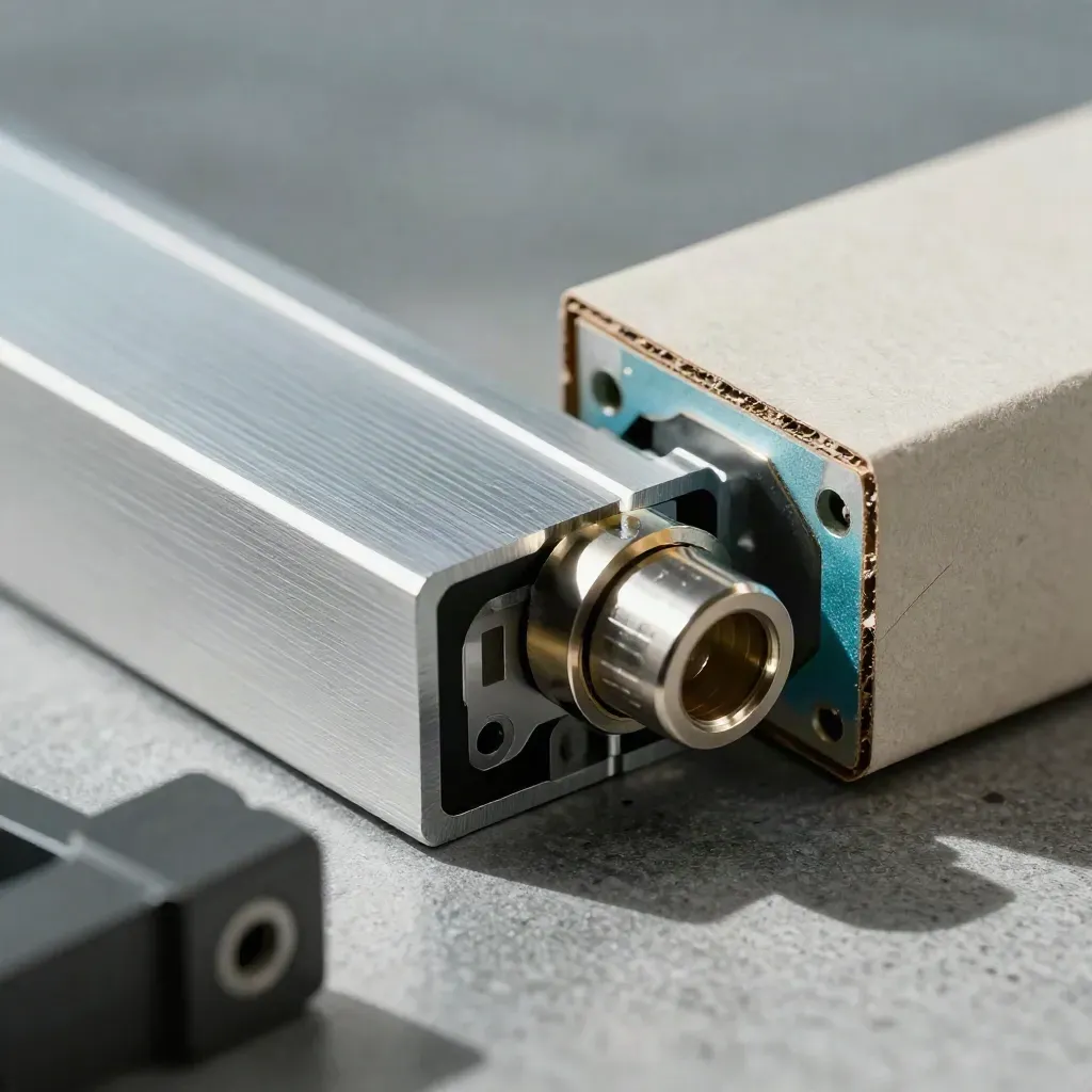 Macro di blocchi modulari in alluminio con connettore e campione rigido su banco in pietra